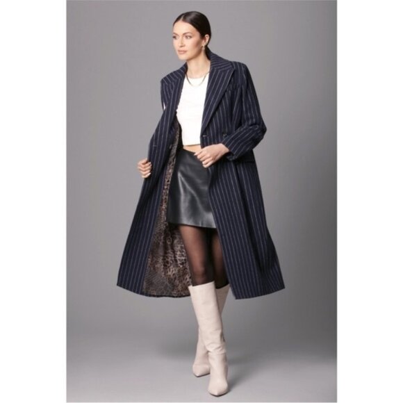Anthropologie Avec Les Filles Pinstriped Double Breasted Trench Coat Navy XL - Picture 1 of 9